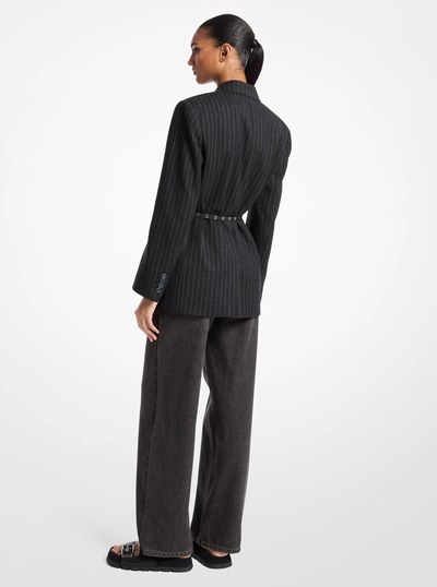 Striped Wool Blend Belted Double-Breasted Blazer in CHARCOAL HEATHER | Michael Kors