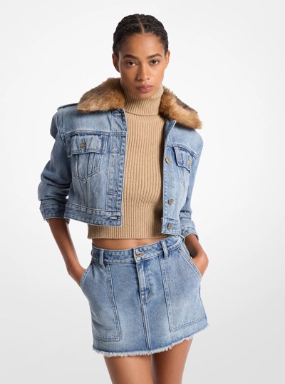 Faux Fur Trim Denim Cropped Jacket in BLUE VINTAGE WASH | Michael Kors