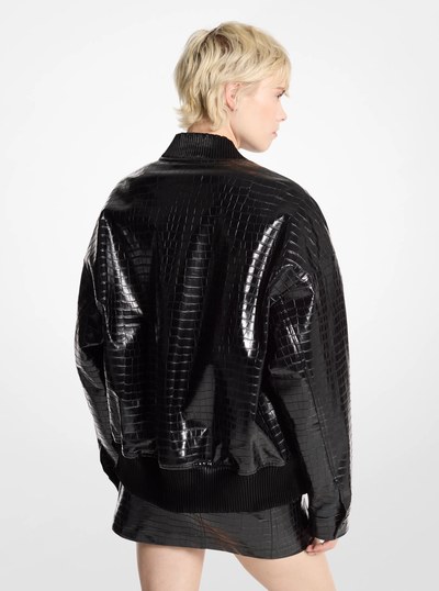 Crocodile Embossed Bomber Jacket in BLACK | Michael Kors