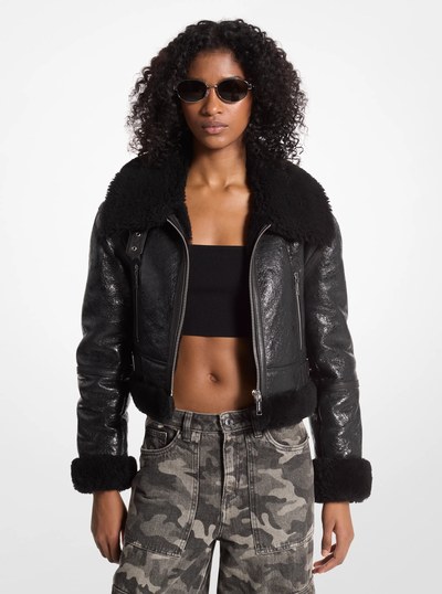 Crackled Leather and Shearling Cropped Jacket in BLACK | Michael Kors