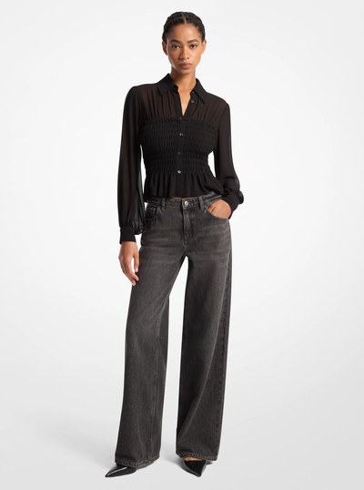 Smocked Georgette Shirt in BLACK | Michael Kors