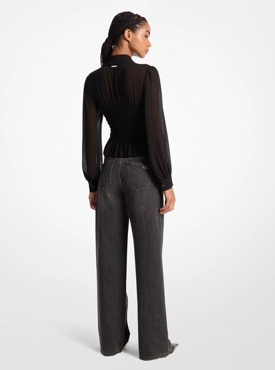 Smocked Georgette Shirt in BLACK | Michael Kors