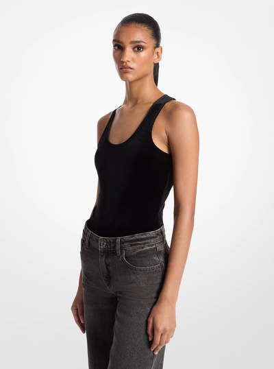 Stretch Velvet Racerback Bodysuit in BLACK | Michael Kors