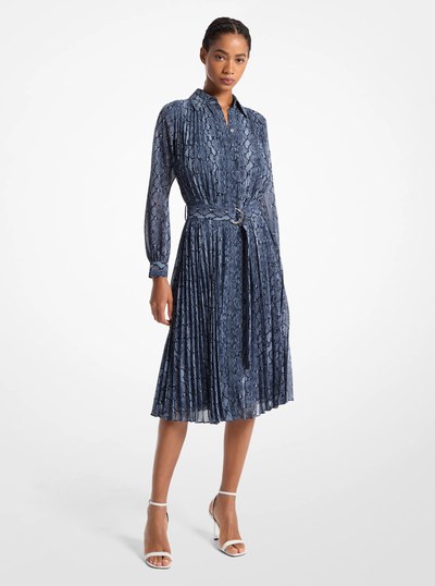 Snake Print Georgette Pleated Shirtdress in ADMIRAL | Michael Kors