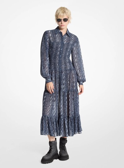 Snake Print Georgette Smocked Shirtdress in ADMIRAL | Michael Kors