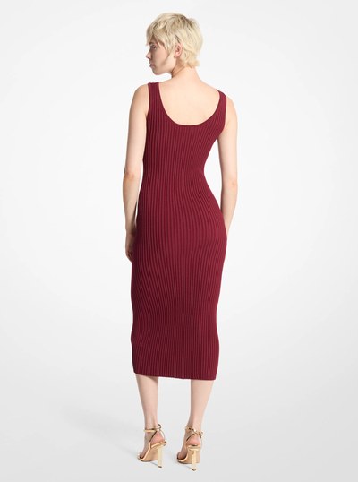 Ribbed Stretch Knit Zip Dress in DARK BRANDY | Michael Kors