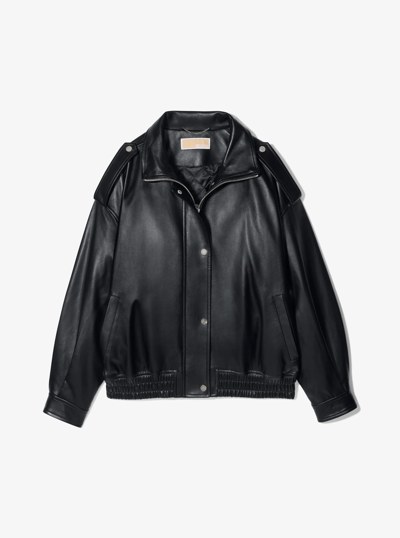 Oversized Leather Blouson Jacket in BLACK | Michael Kors