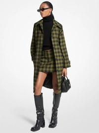 Plaid Stretch Wool Belted Balmacaan Coat
