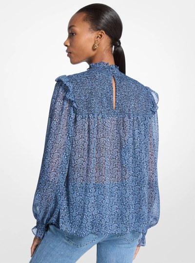 Metallic Paisley Print Smocked Georgette Blouse in FRENCH BLUE | Michael Kors