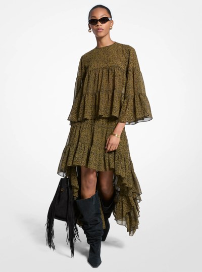 Jupe asym&eacute;trique en cr&ecirc;pe georgette &agrave; imprim&eacute; cachemire et &agrave; volants in PISTACHE | Michael Kors
