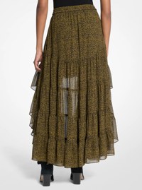 Jupe asym&eacute;trique en cr&ecirc;pe georgette &agrave; imprim&eacute; cachemire et &agrave; volants