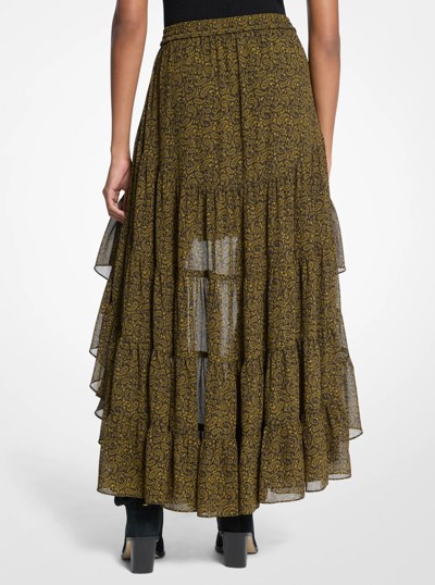 Jupe asym&eacute;trique en cr&ecirc;pe georgette &agrave; imprim&eacute; cachemire et &agrave; volants in PISTACHE | Michael Kors