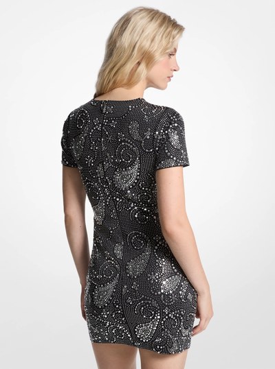 Studded Paisley Scuba Mini Dress in BLACK | Michael Kors