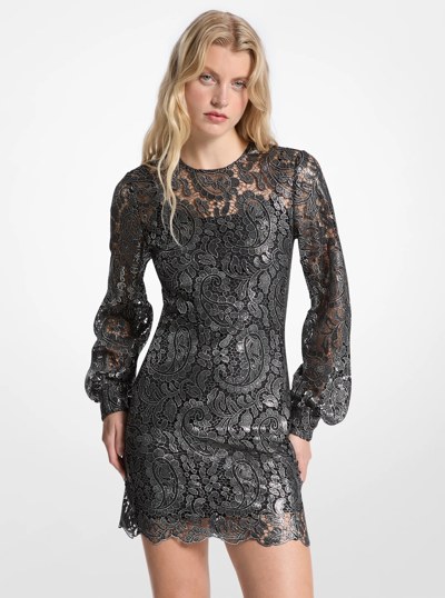 Metallic Paisley Lace Mini Dress in GUNMETAL | Michael Kors