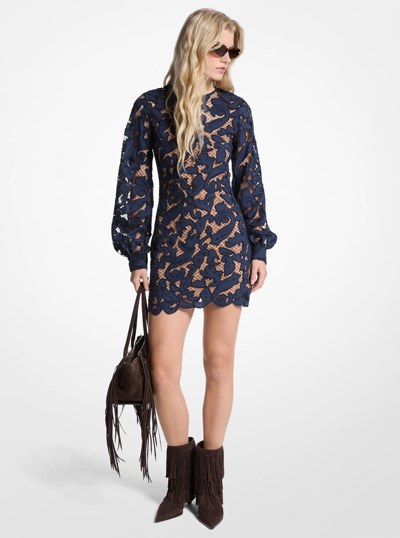 Paisley Lace Blouson-Sleeve Dress in MIDNIGHTBLUE | Michael Kors