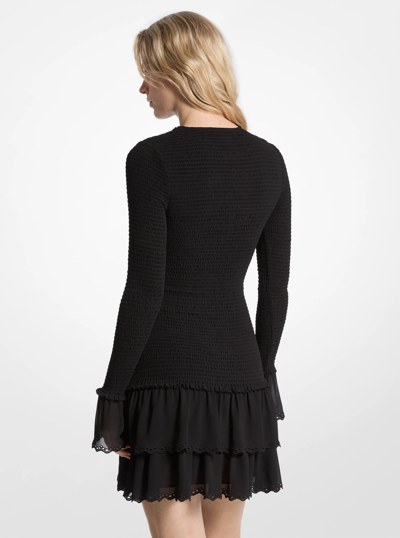 Smocked Georgette Ruffle Mini Dress in BLACK | Michael Kors