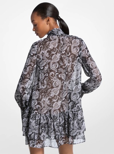 Metallic Paisley Georgette Tie-Neck Dress in GUNMETAL | Michael Kors