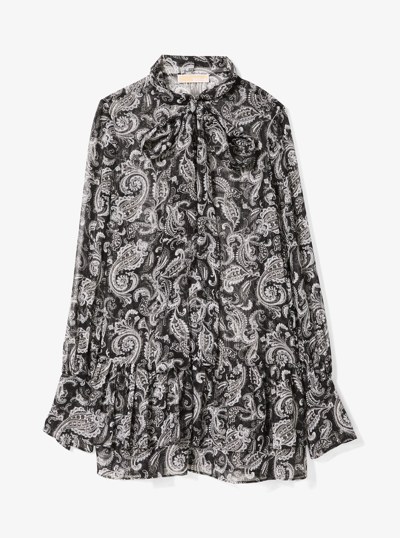Metallic Paisley Georgette Tie-Neck Dress in GUNMETAL | Michael Kors