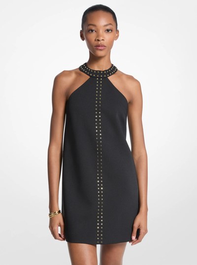 Studded Stretch Crepe Halter Mini Dress in BLACK | Michael Kors