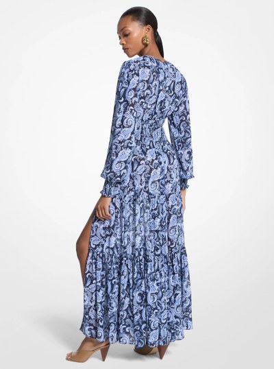 Paisley Print Smocked Georgette Maxi Dress in FRENCH BLUE | Michael Kors
