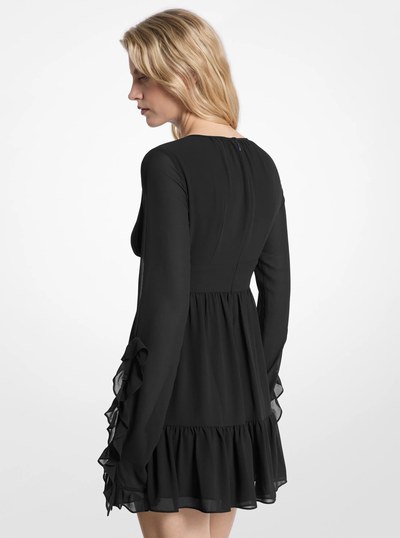 Ruffled Georgette Long-Sleeve Dress in BLACK | Michael Kors