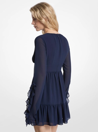 Ruffled Georgette Long-Sleeve Dress in MIDNIGHTBLUE | Michael Kors