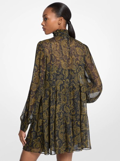 Metallic Paisley Print Georgette Mini Dress in IVY | Michael Kors