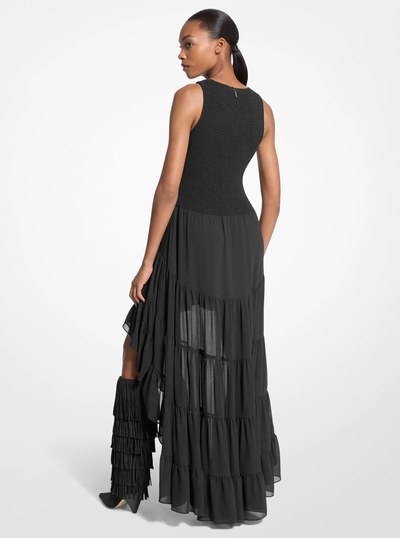 Georgette Smocked High-Low Dress in BLACK | Michael Kors