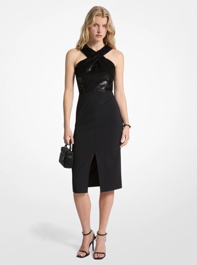 Sequined and Crepe Halter Dress in BLACK | Michael Kors