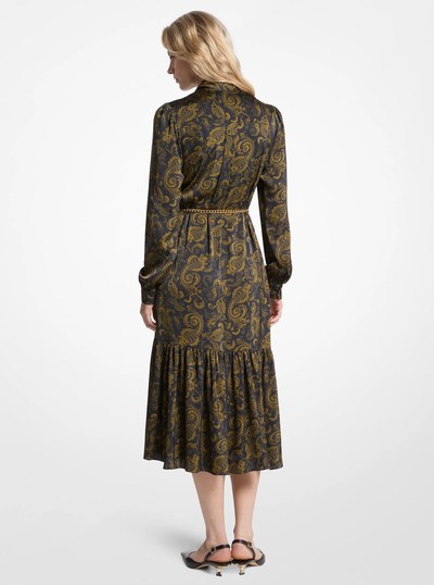 Paisley Print Satin Tie-Neck Midi Dress in IVY | Michael Kors