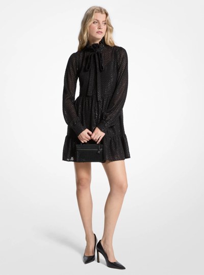 Metallic Clip Jacquard Tie-Neck Dress in BLACK | Michael Kors
