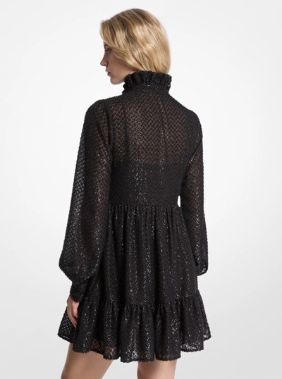 Metallic Clip Jacquard Tie-Neck Dress in BLACK | Michael Kors