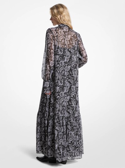 Metallic Paisley Print Georgette Tie-Neck Dress in GUNMETAL | Michael Kors