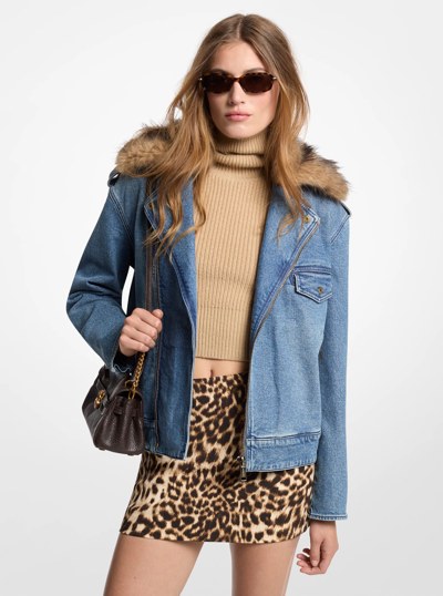 Faux Fur Trim Denim Moto Jacket in DUSK BLUE WASH | Michael Kors