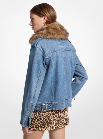 Faux Fur Trim Denim Moto Jacket in DUSK BLUE WASH | Michael Kors