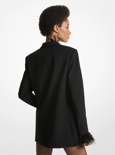 Feather Trim Crepe Boyfriend Blazer in BLACK | Michael Kors