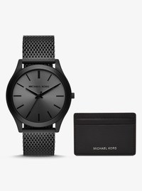 Set de regalo con tarjetero y reloj Runway fino oversize en tono negro