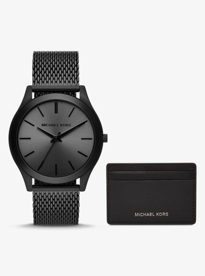 Oversized Slim Runway Black-Tone Watch and Card Case Gift Set in BLACK | Michael Kors