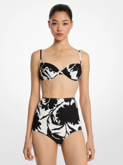 Floral Stretch Nylon Crepe Bikini Top and Brief Set in BLACK/WHITE | Michael Kors