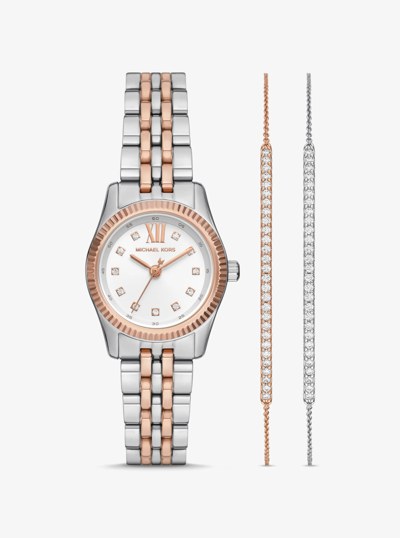 Lexington Pav&eacute; Two-Tone Watch and Slider Bracelet Gift Set in ROSE GOLD | Michael Kors