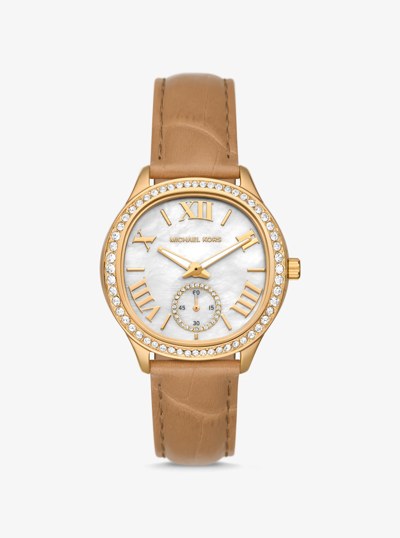 Sage Pav&eacute; Gold-Tone and Crocodile Embossed Leather Watch in PEANUT | Michael Kors