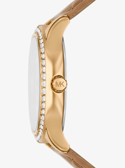 Sage Pav&eacute; Gold-Tone and Crocodile Embossed Leather Watch in PEANUT | Michael Kors