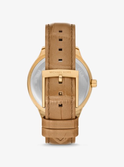 Sage Pav&eacute; Gold-Tone and Crocodile Embossed Leather Watch in PEANUT | Michael Kors