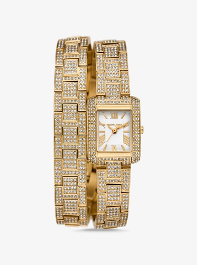 Petite Emery Pav&eacute; Gold-Tone Double Wrap Watch in GOLD | Michael Kors