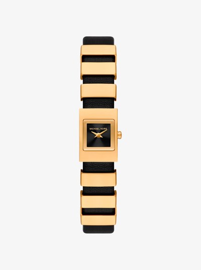 Mini Darrington Gold-Tone and Leather Watch in BLACK | Michael Kors