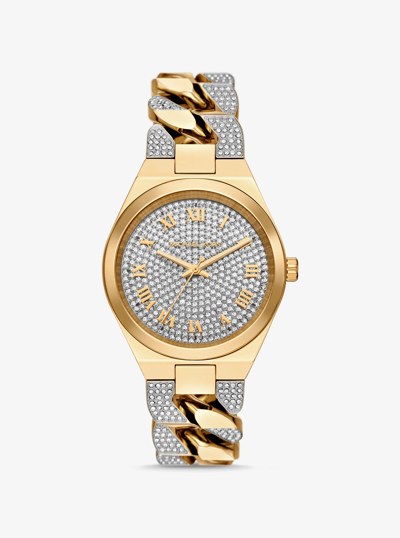 Lennox Pav&eacute; Gold-Tone Curb-Link Watch in GOLD | Michael Kors