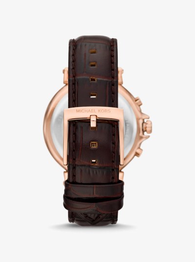 Oversized Maren Rose Gold-Tone and Crocodile Embossed Leather Watch in CHOCOLATE | Michael Kors