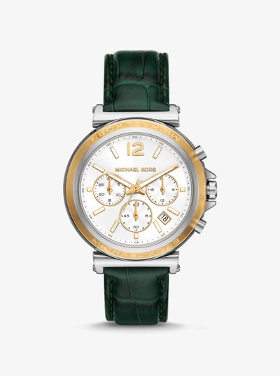 Oversized Maren Silver-Tone and Crocodile Embossed Leather Watch in GREEN | Michael Kors