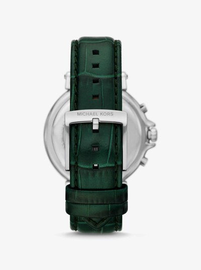 Oversized Maren Silver-Tone and Crocodile Embossed Leather Watch in GREEN | Michael Kors
