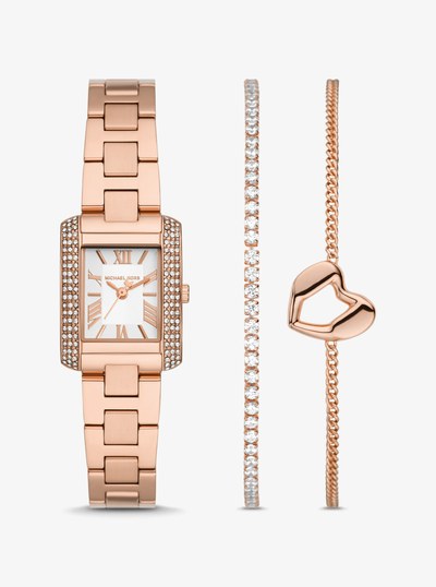 Mini Emery Pav&eacute; Rose Gold-Tone Watch and Bracelet Gift Set in ROSE GOLD | Michael Kors